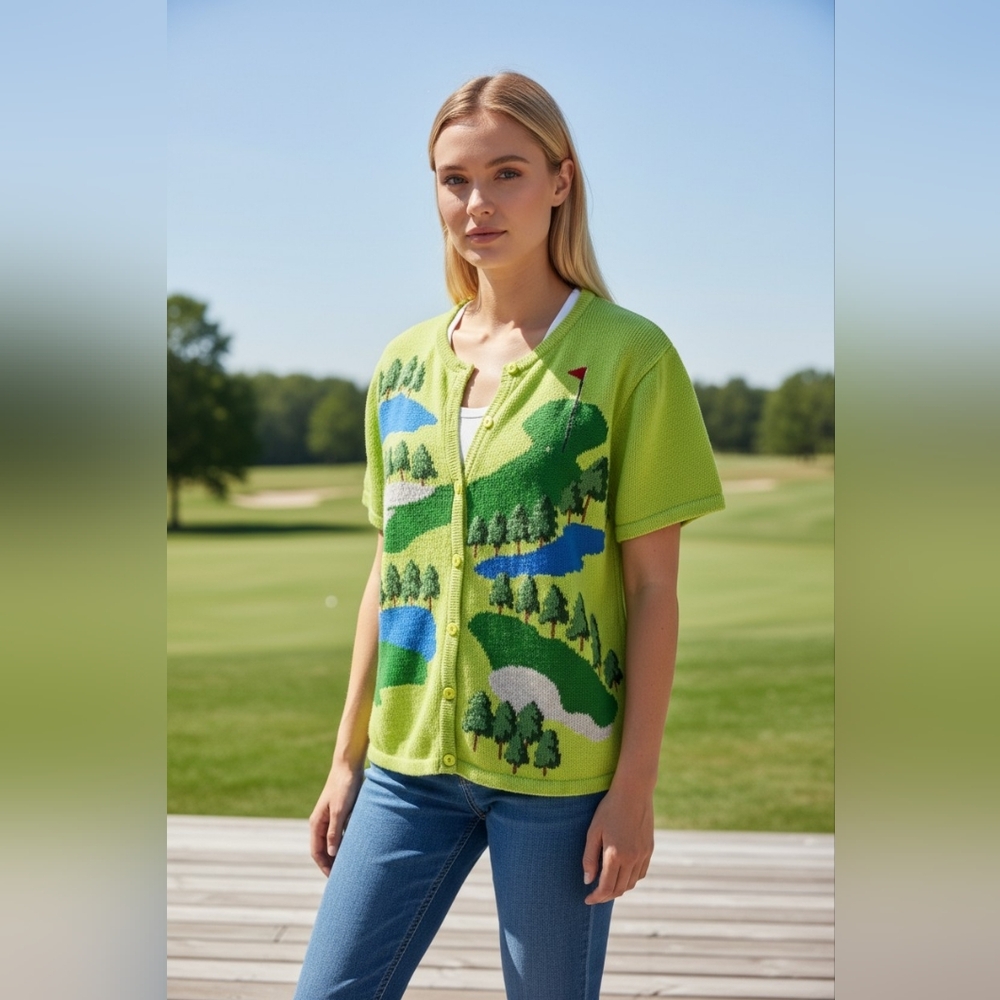 Vintage Classic Marisa Christina Green Golf Course Button Down Sweater Graphic